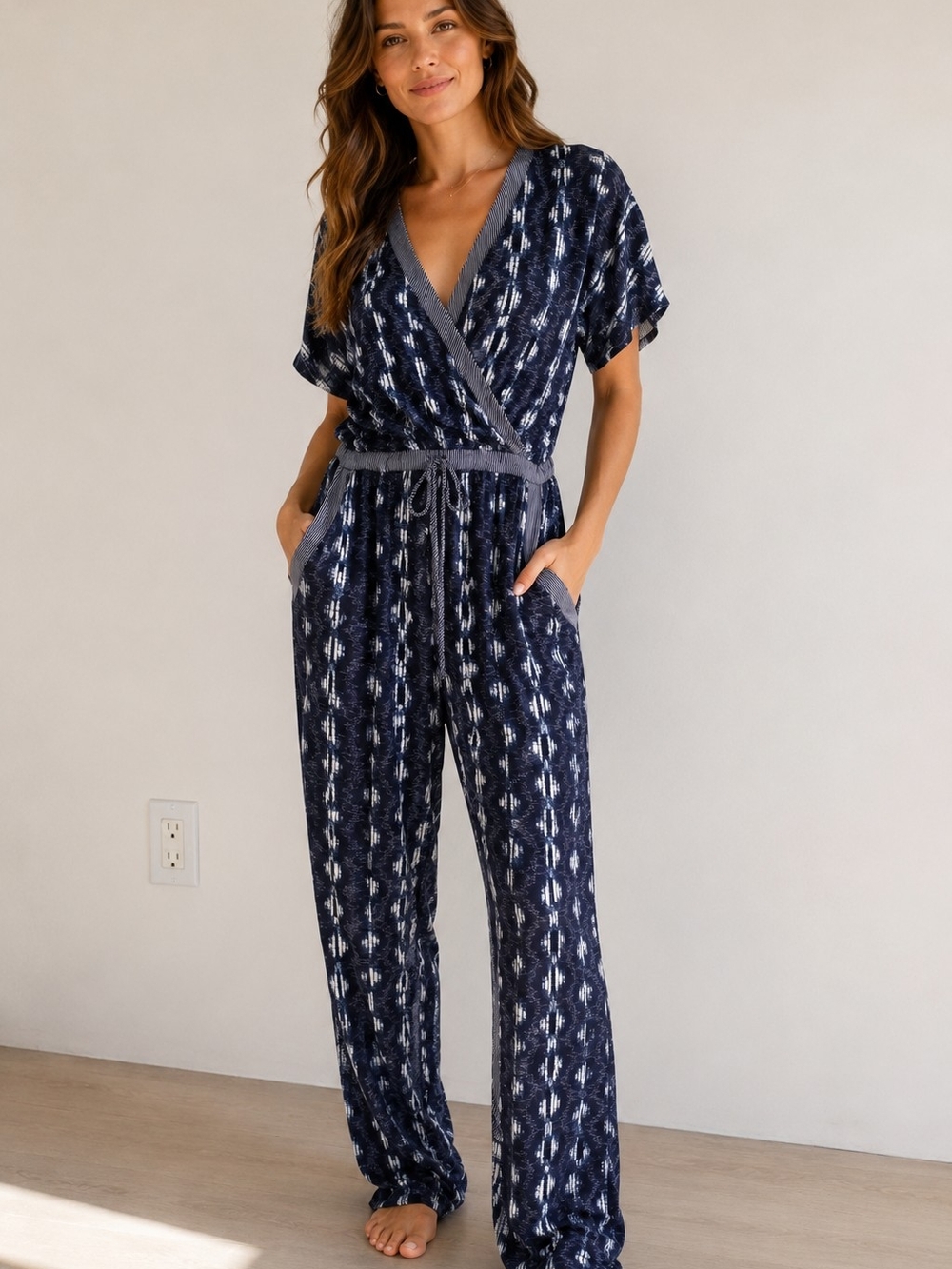 Velvet by Graham & Spencer Navy Printed Wrap Jumpsuit with Tie Detail